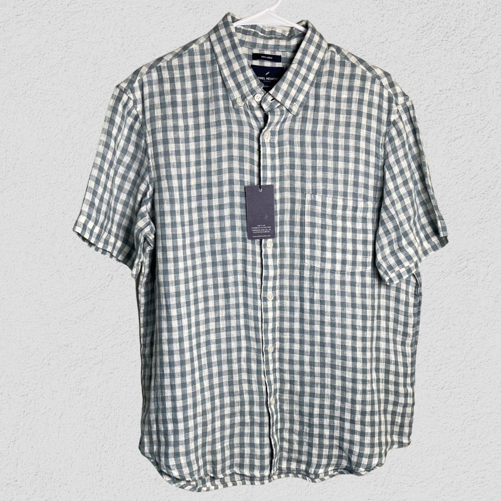Daniel Hechter Men L 100% Linen Shirt Green White Short Sleeve Button Down Light